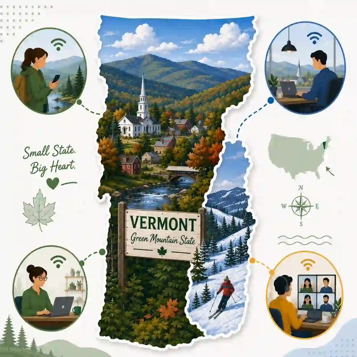Vermont state map with icons for mobile, office, remote team and call center connected to a central phone pin